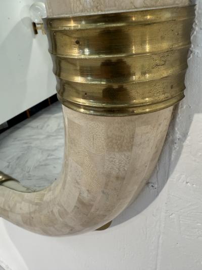 Italian Oval Mirror in Tessellated Stone with Brass Accents 1980s