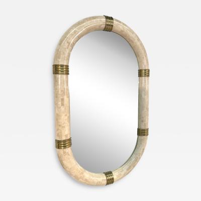 Italian Oval Mirror in Tessellated Stone with Brass Accents 1980s