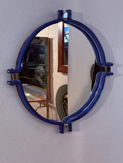 Italian Oval Mirror with Sculptural Blue Frame 1980s
