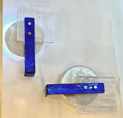 Italian Pair Champagne Silver Blue Crystal Murano Glass Abstract Design Sconces