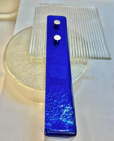 Italian Pair Champagne Silver Blue Crystal Murano Glass Abstract Design Sconces