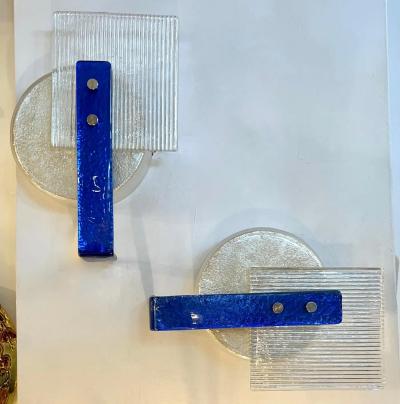 Italian Pair Champagne Silver Blue Crystal Murano Glass Abstract Design Sconces