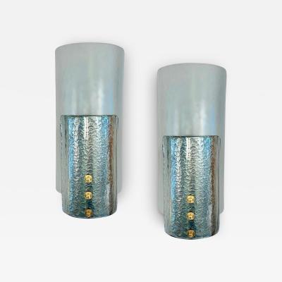 Italian Pair Modern Curved Aqua Silver Blue Texture Murano Glass Graphic Sconces