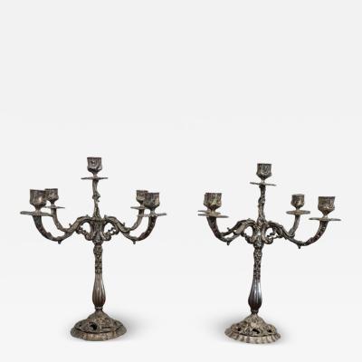 Italian Pair of 5 arm Silvered Metal Candlesticks