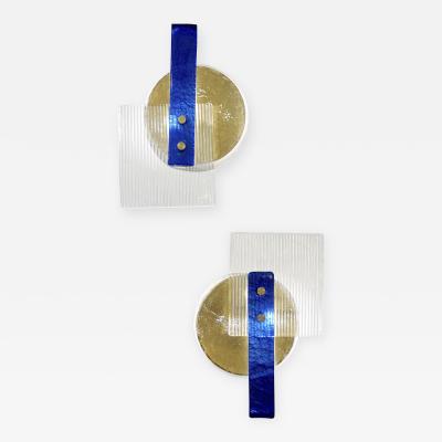Italian Pair of Abstract Modern Gold Sapphire and Crystal Murano Glass Sconces