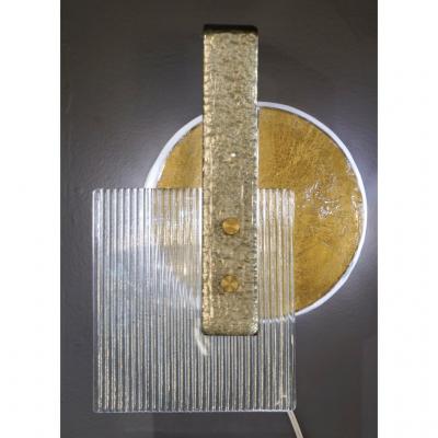 Italian Pair of Abstract Modern Gold Silver and Crystal Murano Glass Sconces