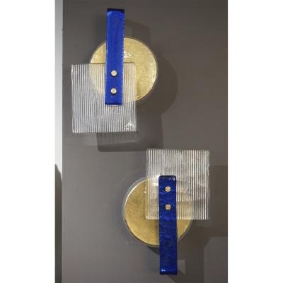 Italian Pair of Art Deco Style Textured Gold Pink Crystal Murano Glass Sconces