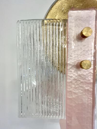 Italian Pair of Art Deco Style Textured Gold Pink Crystal Murano Glass Sconces