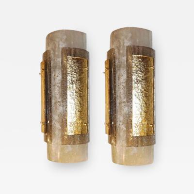 Italian Pair of Modern Gold Smoked Gray and Frosted Ivory Murano Glass Sconces
