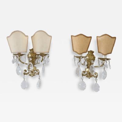 Italian Pair of Sconces in Gilded Bronze and Crystal