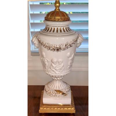 Italian Porcelain Urn Form Designer Cherub Lamps a Pair