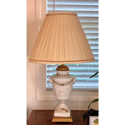 Italian Porcelain Urn Form Designer Cherub Lamps a Pair