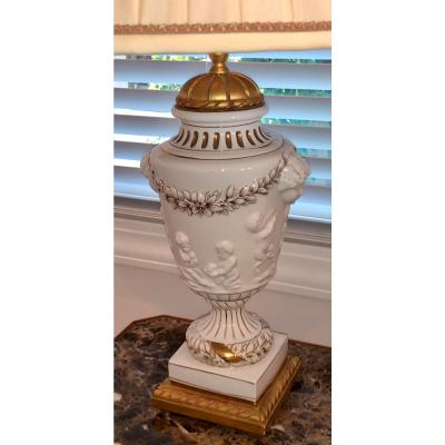 Italian Porcelain Urn Form Designer Cherub Lamps a Pair