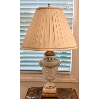 Italian Porcelain Urn Form Designer Cherub Lamps a Pair