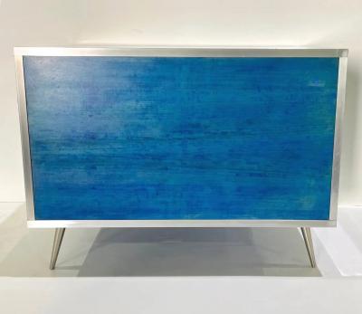 Italian Post Modern Abstract Art Blue Terracotta Brown Steel Mirrored Cabinet