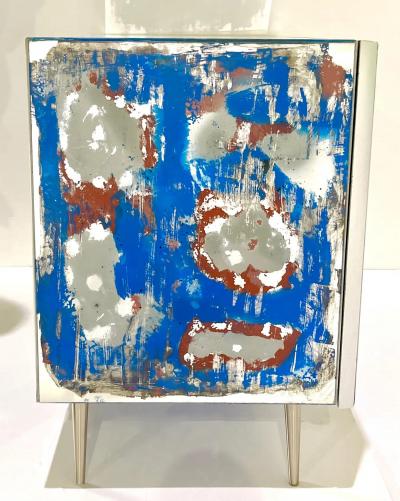 Italian Post Modern Abstract Art Blue Terracotta Brown Steel Mirrored Cabinet