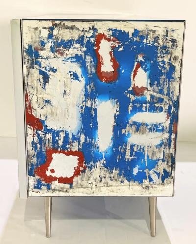 Italian Post Modern Abstract Art Blue Terracotta Brown Steel Mirrored Cabinet