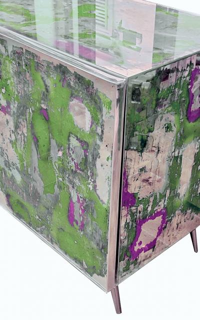Italian Post Modern Abstract Art Green Purple Steel Mirrored Cabinet