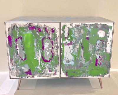 Italian Post Modern Abstract Art Green Purple Steel Mirrored Cabinet