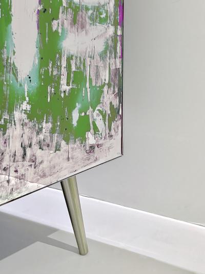 Italian Post Modern Abstract Art Green Purple Steel Mirrored Cabinet
