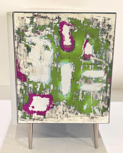 Italian Post Modern Abstract Art Green Purple Steel Mirrored Cabinet