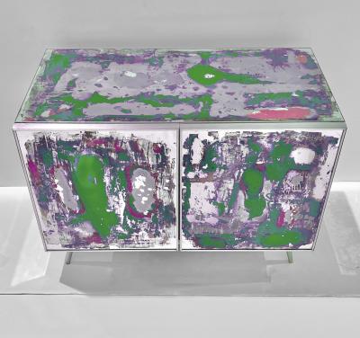 Italian Post Modern Abstract Art Green Purple Steel Mirrored Cabinet