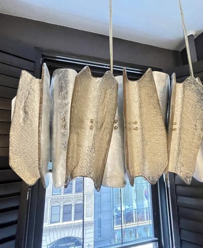 Italian Post Modern Amber Gold Silver Murano Glass Graphic Brass Oval Chandelier