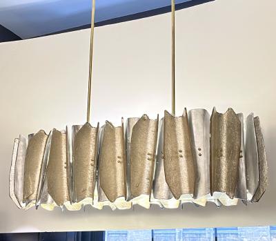 Italian Post Modern Amber Gold Silver Murano Glass Graphic Brass Oval Chandelier