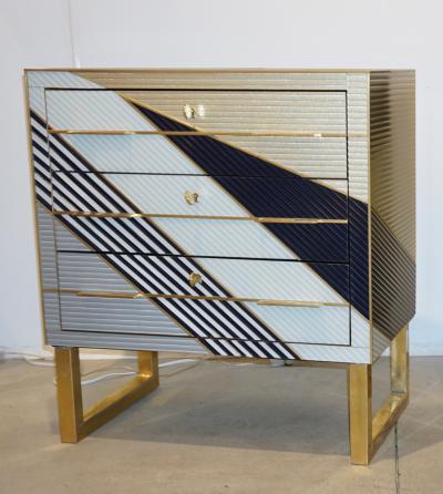 Italian Postmodern Navy Blue Cream Gold Gray Chest Nightstand on Brass Legs