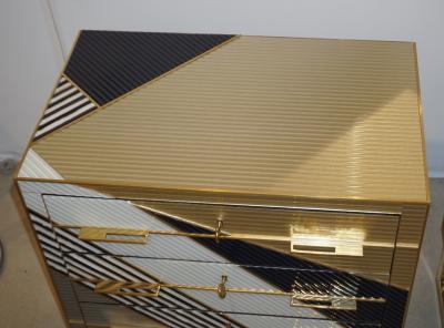 Italian Postmodern Navy Blue Cream Gold Gray Chest Nightstand on Brass Legs