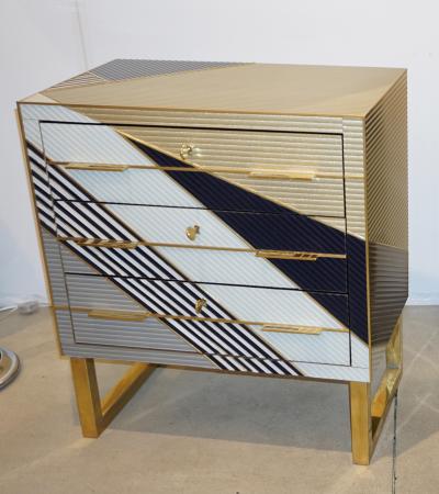 Italian Postmodern Navy Blue Cream Gold Gray Chest Nightstand on Brass Legs