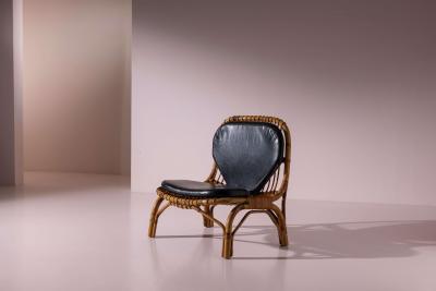 Italian Rattan and Bamboo Lounge Chair with Black Leather Cushion 1960s