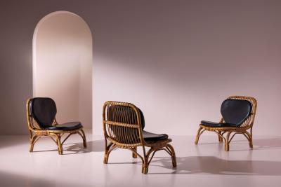 Italian Rattan and Bamboo Lounge Chair with Black Leather Cushion 1960s