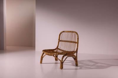 Italian Rattan and Bamboo Lounge Chair with Black Leather Cushion 1960s