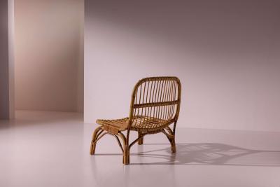 Italian Rattan and Bamboo Lounge Chair with Black Leather Cushion 1960s