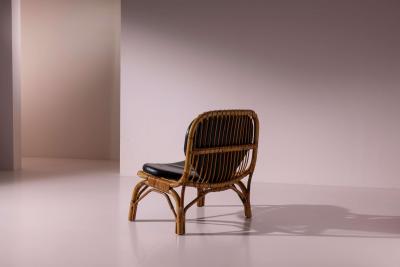 Italian Rattan and Bamboo Lounge Chair with Black Leather Cushion 1960s