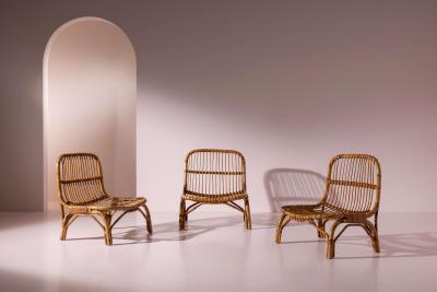 Italian Rattan and Bamboo Lounge Chair with Black Leather Cushion 1960s