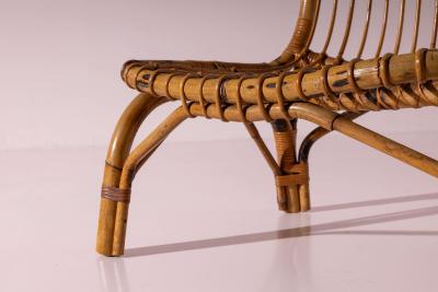 Italian Rattan and Bamboo Lounge Chair with Black Leather Cushion 1960s