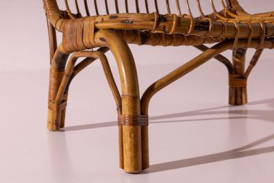 Italian Rattan and Bamboo Lounge Chair with Black Leather Cushion 1960s