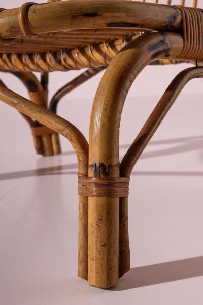 Italian Rattan and Bamboo Lounge Chair with Black Leather Cushion 1960s