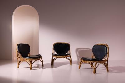 Italian Rattan and Bamboo Lounge Chair with Black Leather Cushion 1960s