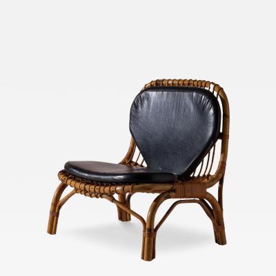 Italian Rattan and Bamboo Lounge Chair with Black Leather Cushion 1960s