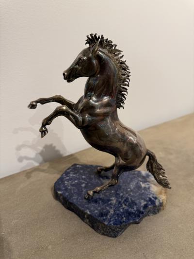Italian Rearing Horse Sculpture on Blue Marble Base 1980s