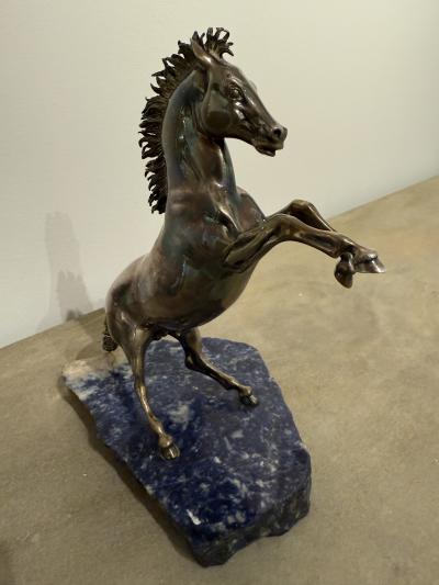 Italian Rearing Horse Sculpture on Blue Marble Base 1980s