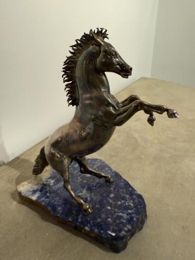 Italian Rearing Horse Sculpture on Blue Marble Base 1980s