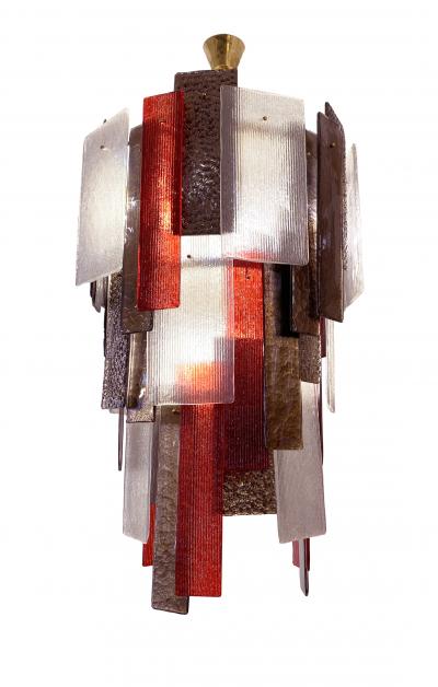 Italian Red Silver Smoked Bronze Crystal Murano Glass Sculpture Chandelier Flush