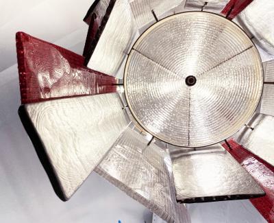 Italian Red Silver Smoked Bronze Crystal Murano Glass Sculpture Chandelier Flush