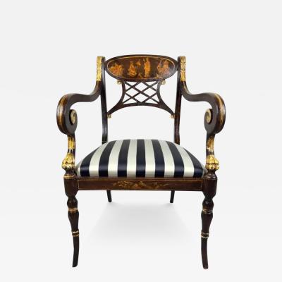 Italian Regency Style Side Chair Ebonized with Gold Finish Stripe upholstery