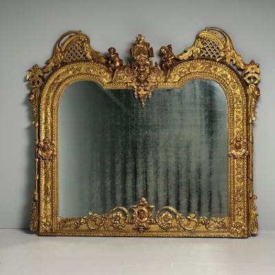 Italian Renaissance Style Over the Mantle Wall Mirror Oil Gilded Monumental