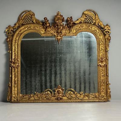 Italian Renaissance Style Over the Mantle Wall Mirror Oil Gilded Monumental